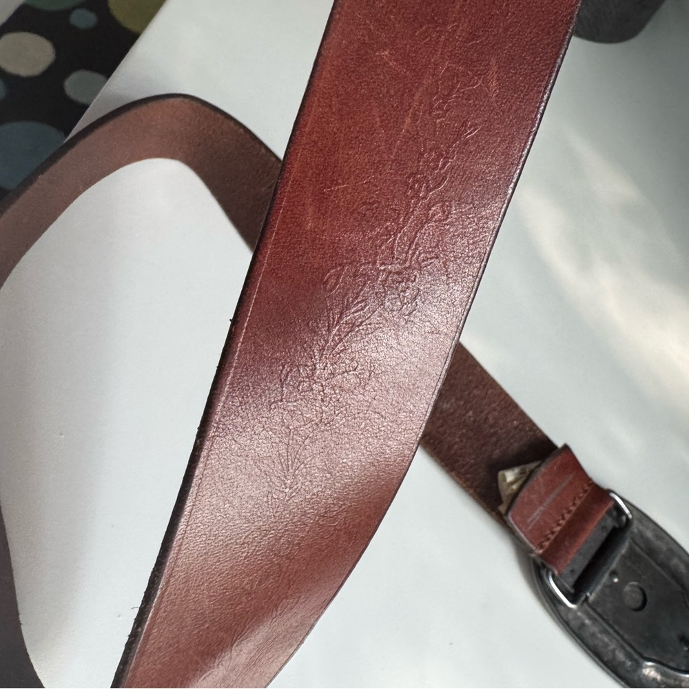Abercrombie and Fitch Western Tooled Leather Belt Brown Chunky Silver Buckle - Picture 8 of 10
